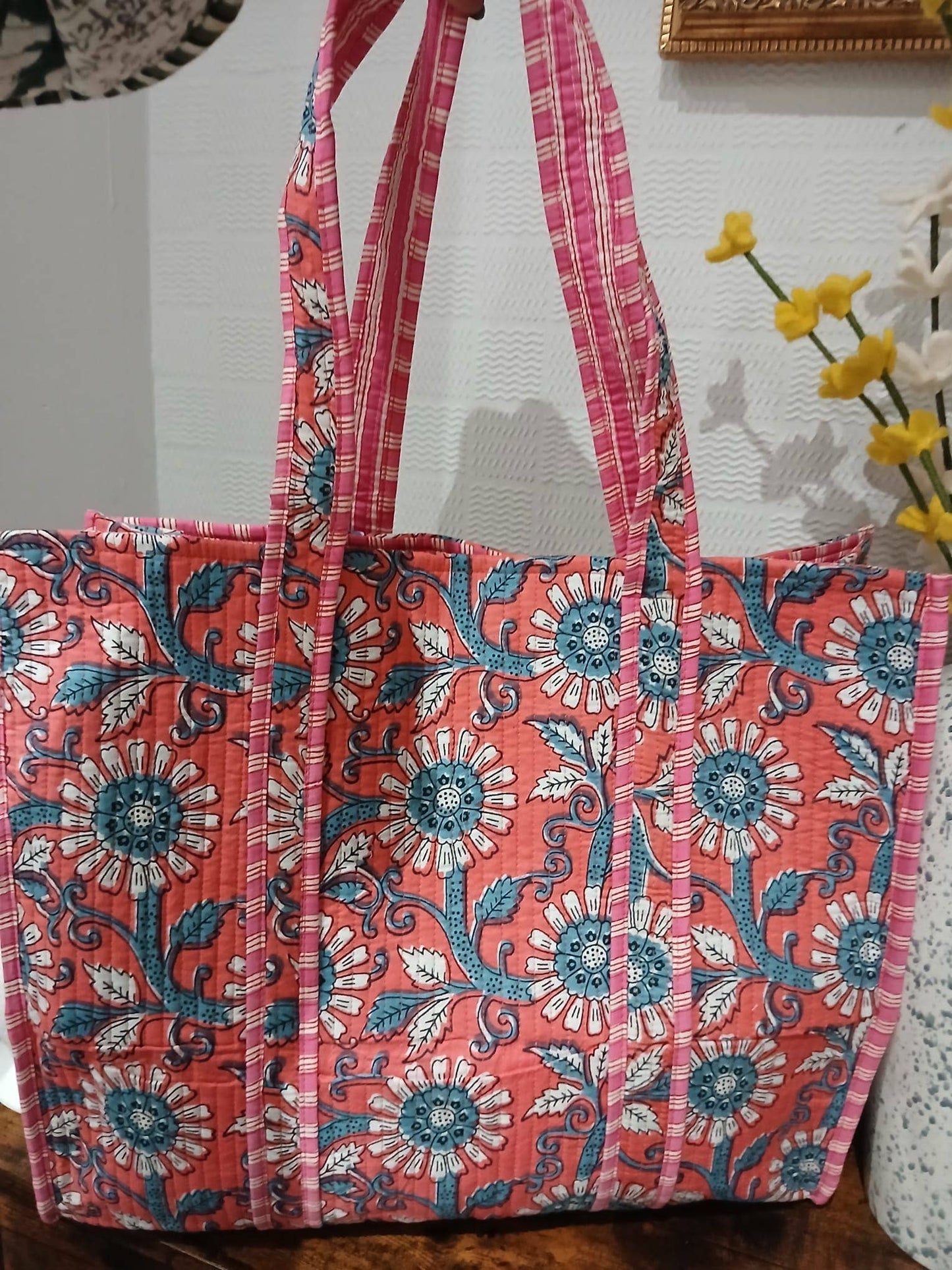 100% Cotton Kantha Quilted Boho Floral Reversible Tote Bag