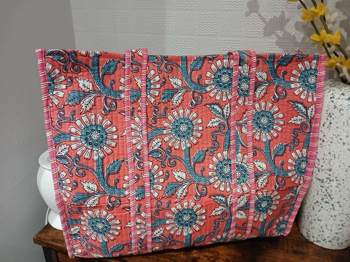 100% Cotton Kantha Quilted Boho Floral Reversible Tote Bag