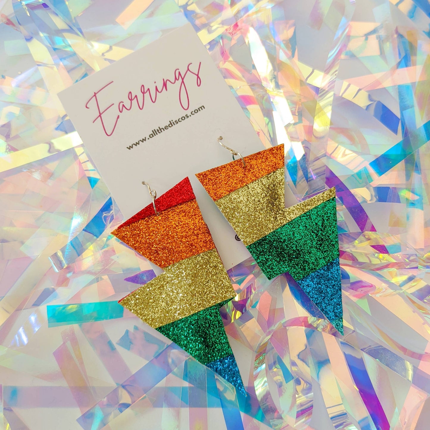 Medium Rainbow Stripe Fine Glitter Lightning Bolt Earrings
