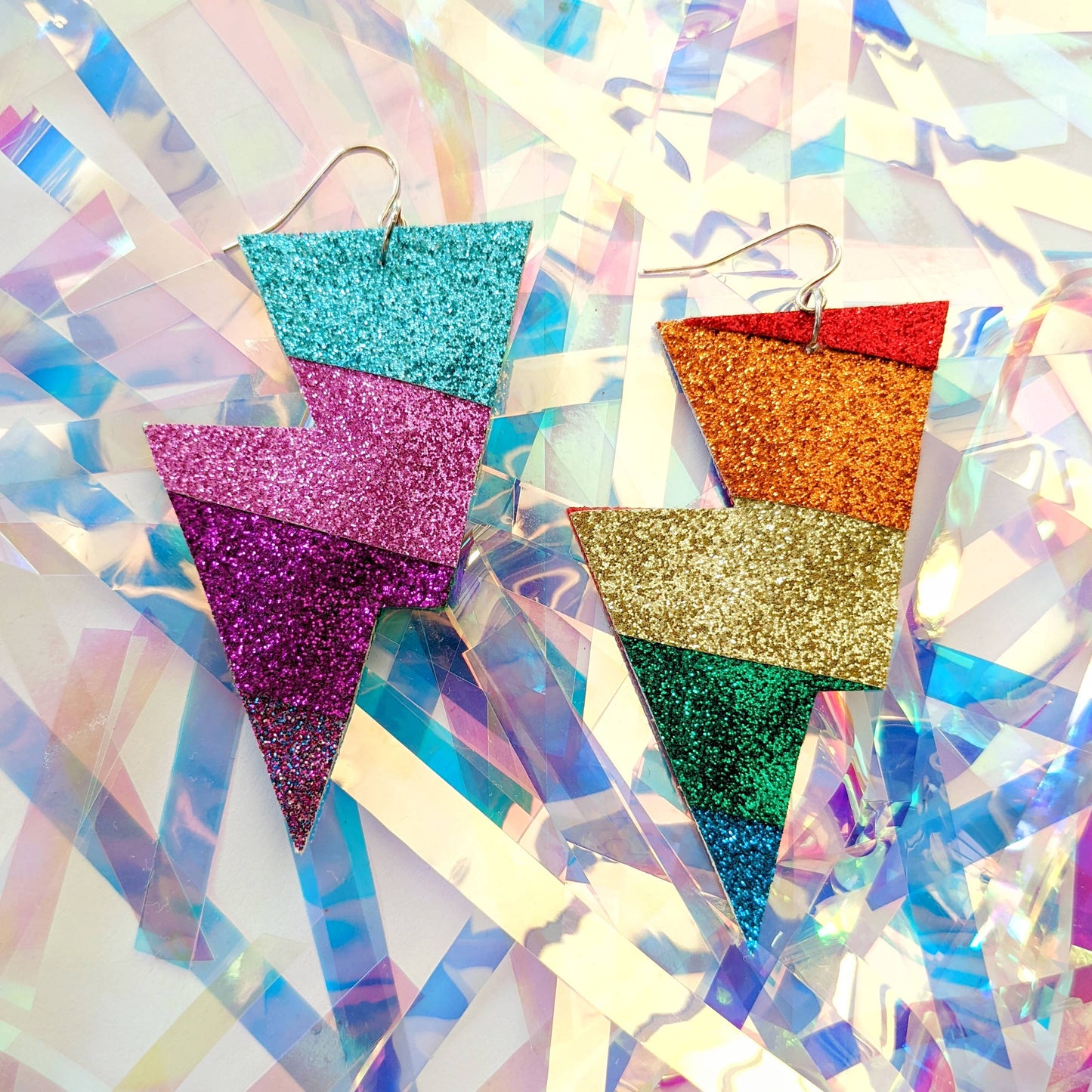 Medium Rainbow Stripe Fine Glitter Lightning Bolt Earrings