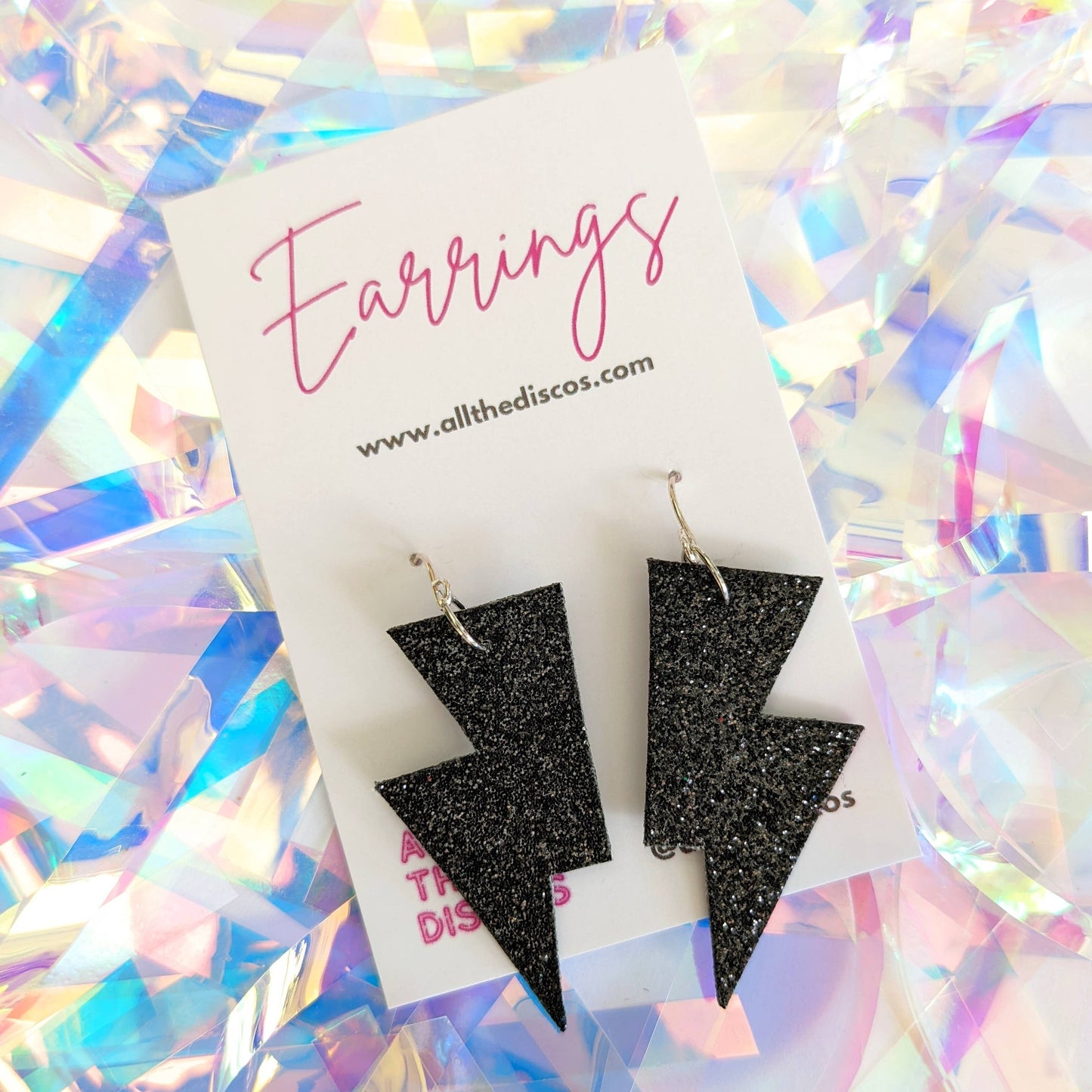 Small Black Fine Glitter Lightning Bolt Earrings