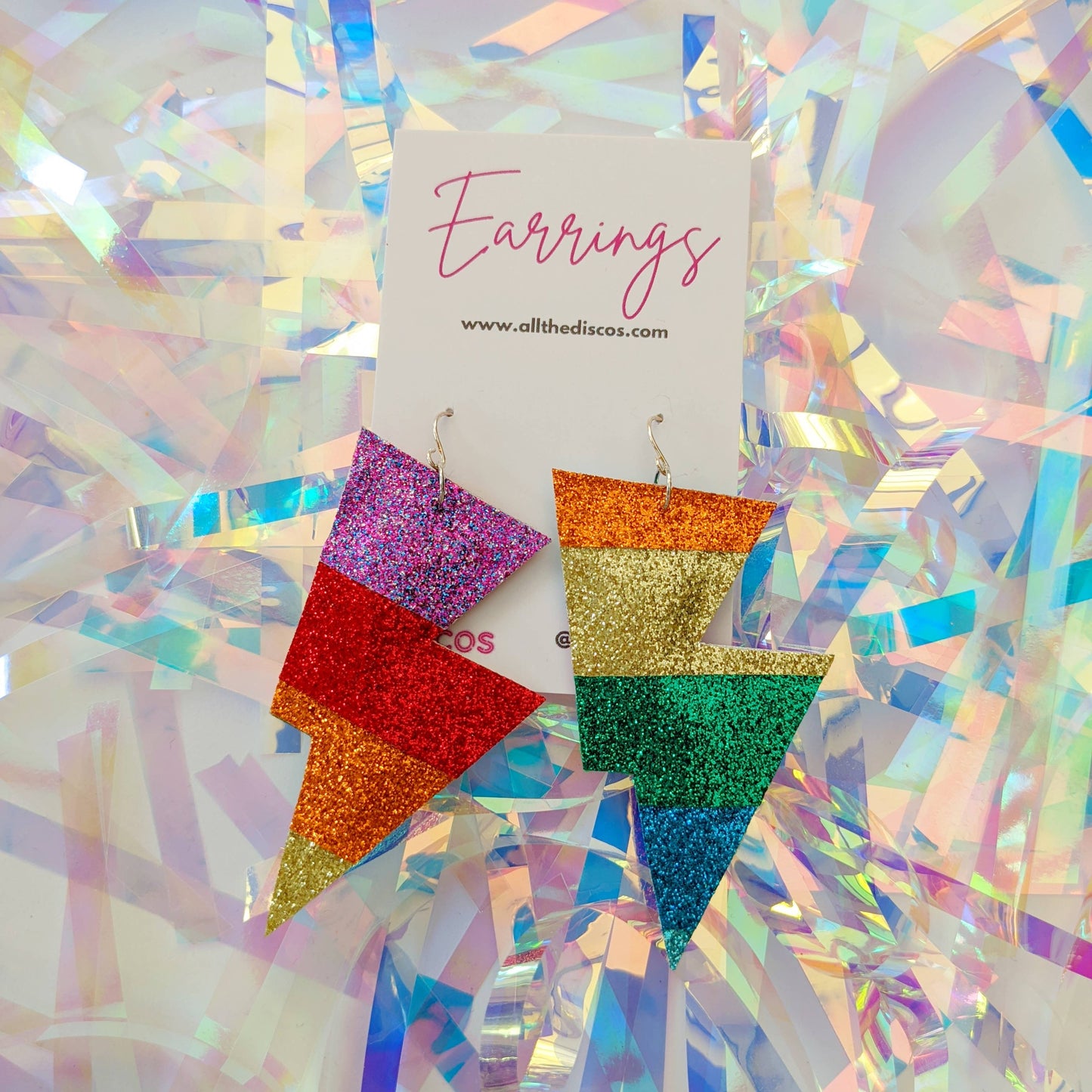 Medium Rainbow Stripe Fine Glitter Lightning Bolt Earrings