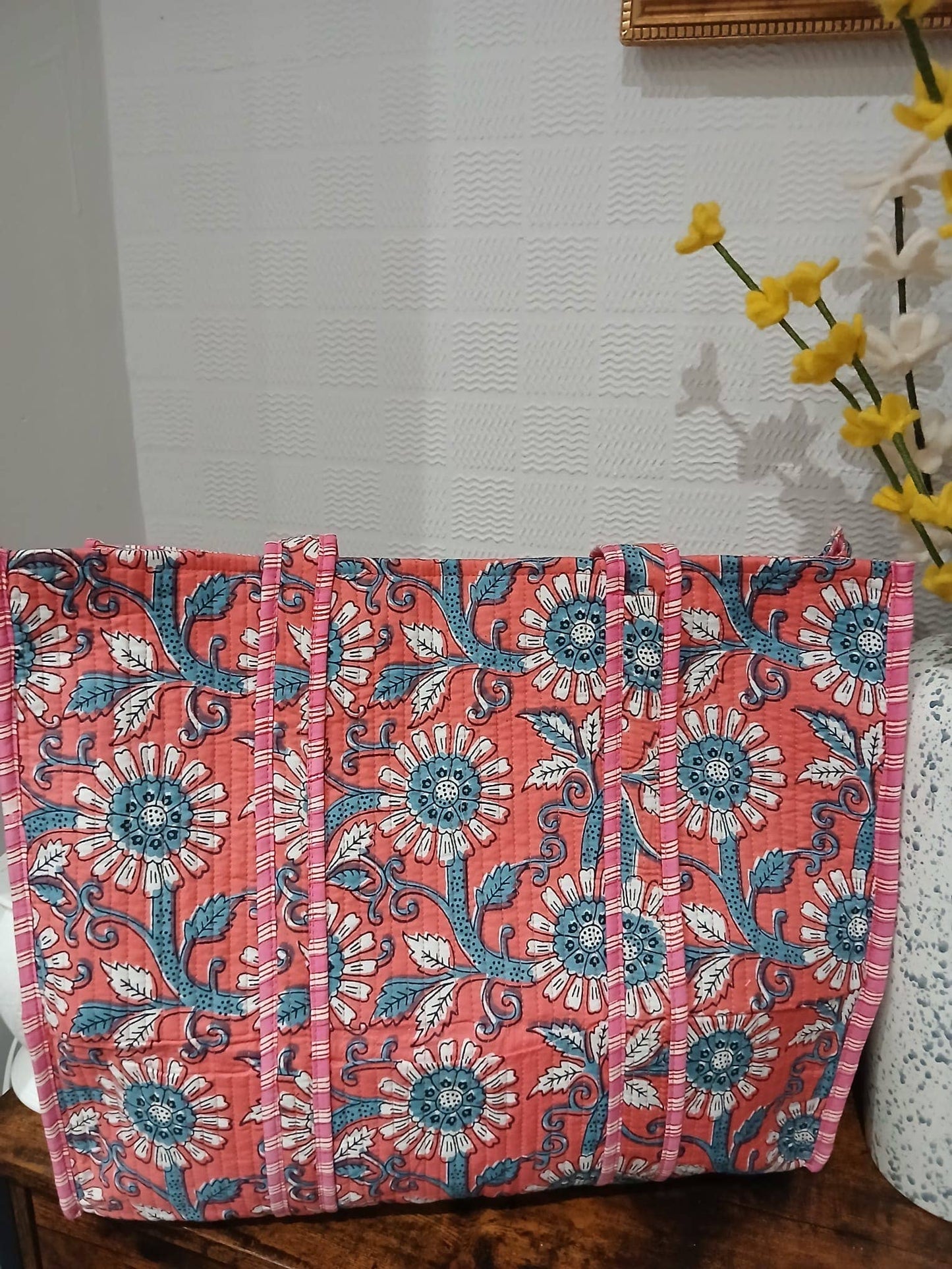 100% Cotton Kantha Quilted Boho Floral Reversible Tote Bag