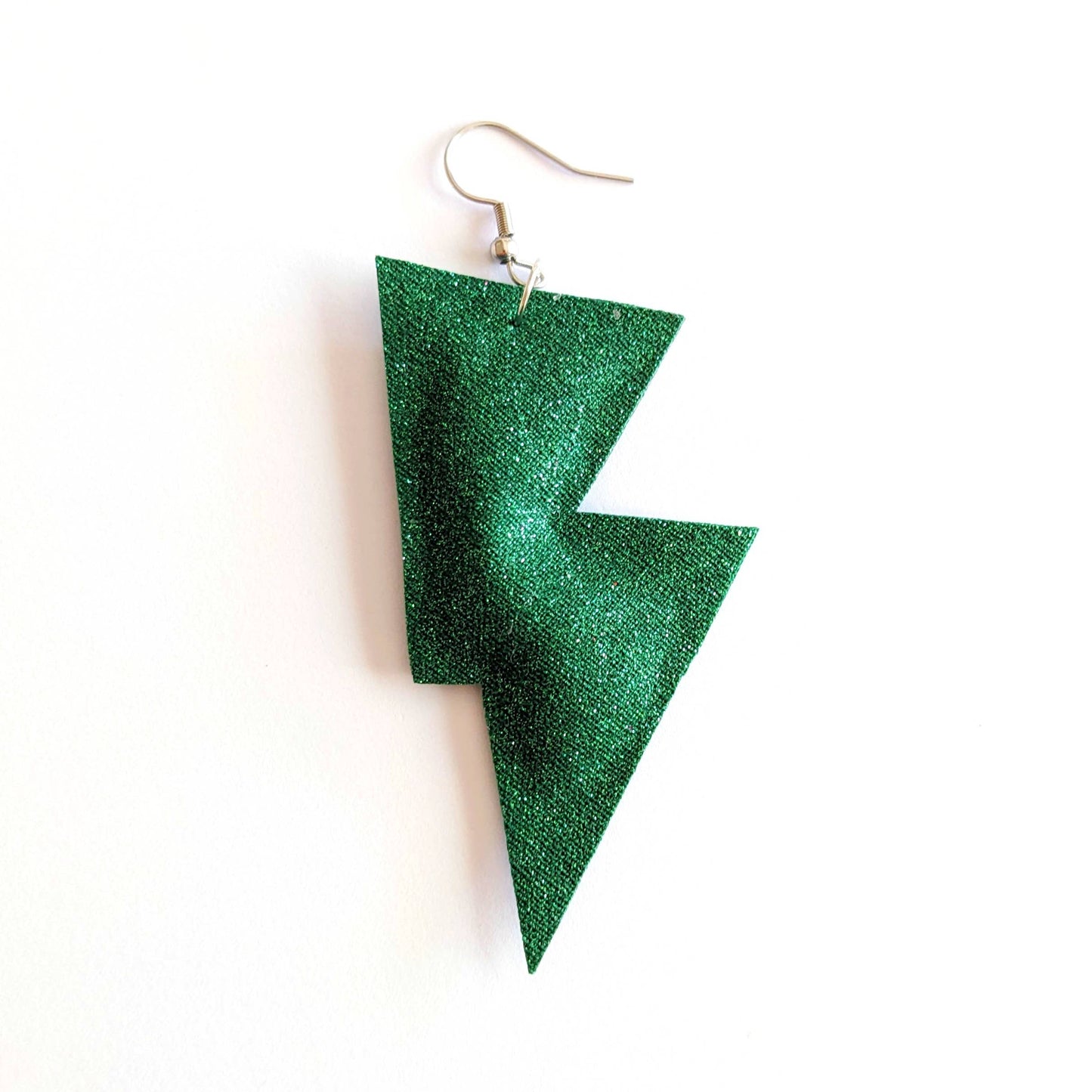 Medium Green Fine Glitter Lightning Bolt Dangle Earrings