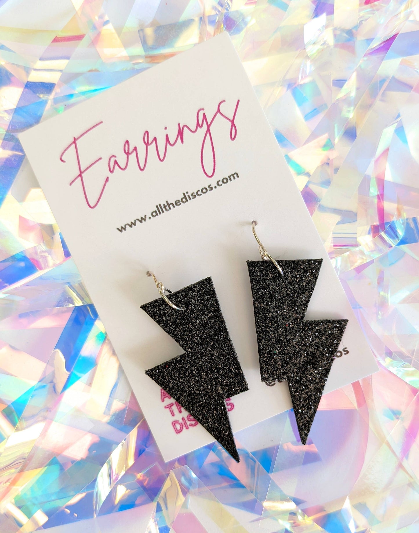 Small Black Fine Glitter Lightning Bolt Earrings