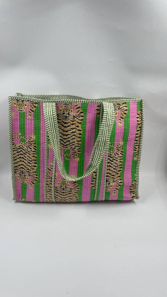 100% Cotton Kantha Quilted Boho Tiger Reversible Tote Bag