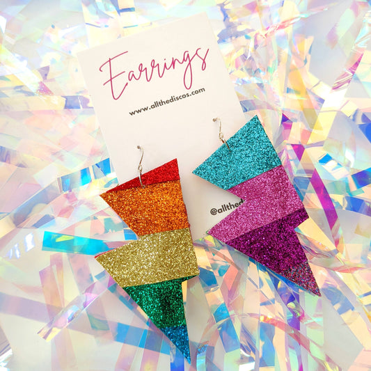 Medium Rainbow Stripe Fine Glitter Lightning Bolt Earrings