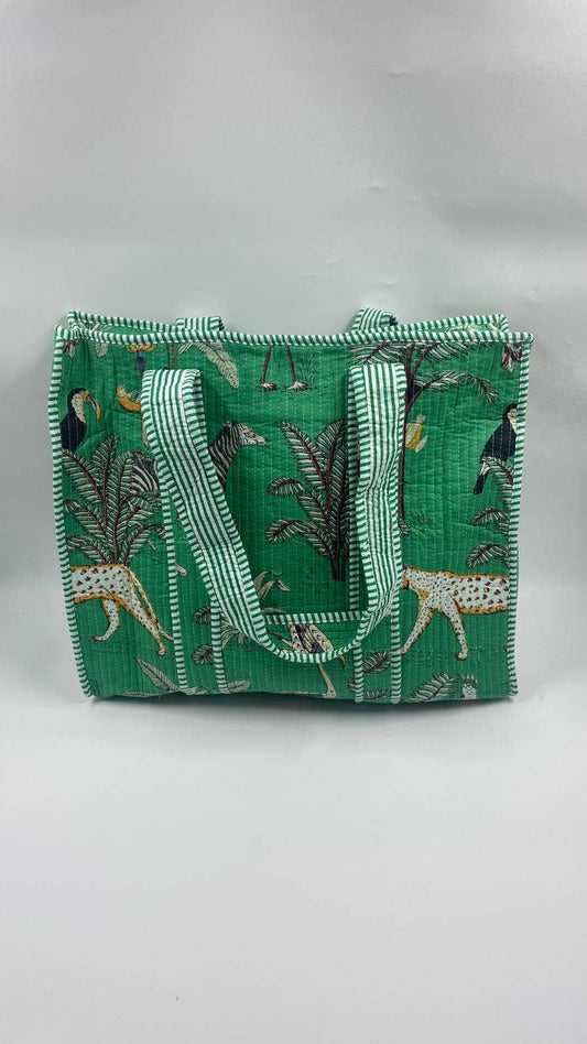 100% Cotton Reversible Kantha Quilted Boho Animal Tote Bag with Zip