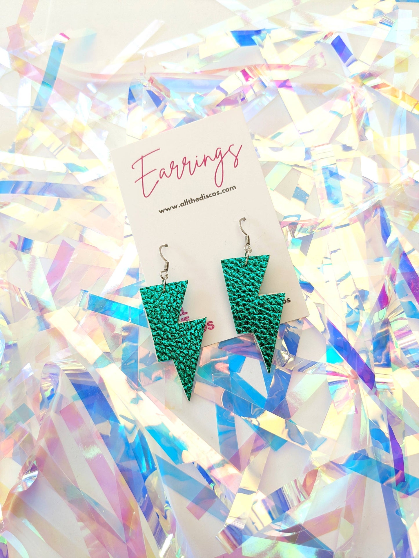 Small Teal Green Metallic Lightning Bolt Dangle Earrings
