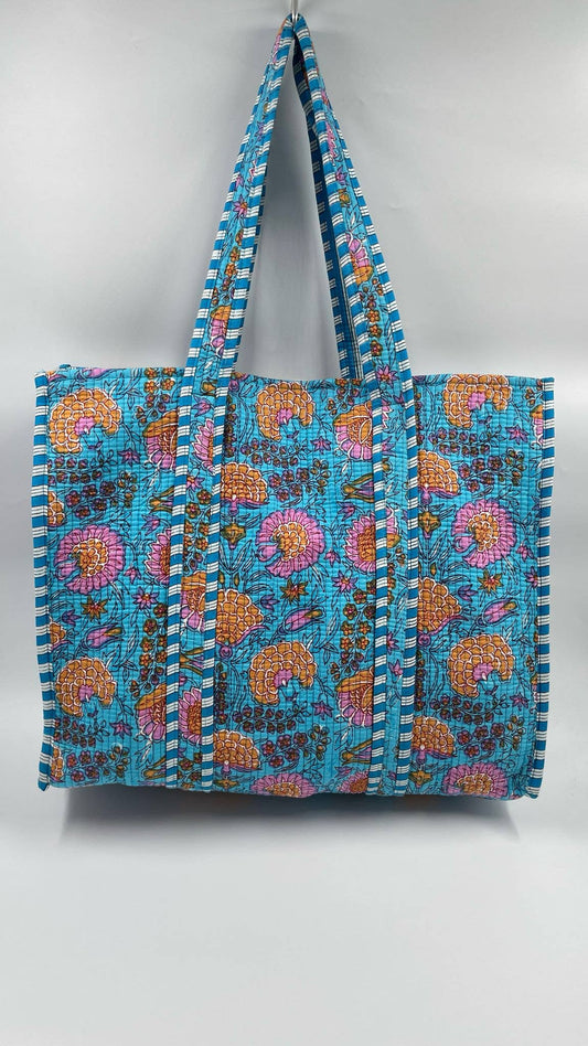 100% Cotton Kantha Quilted Boho Reversible Floral Tote Bag