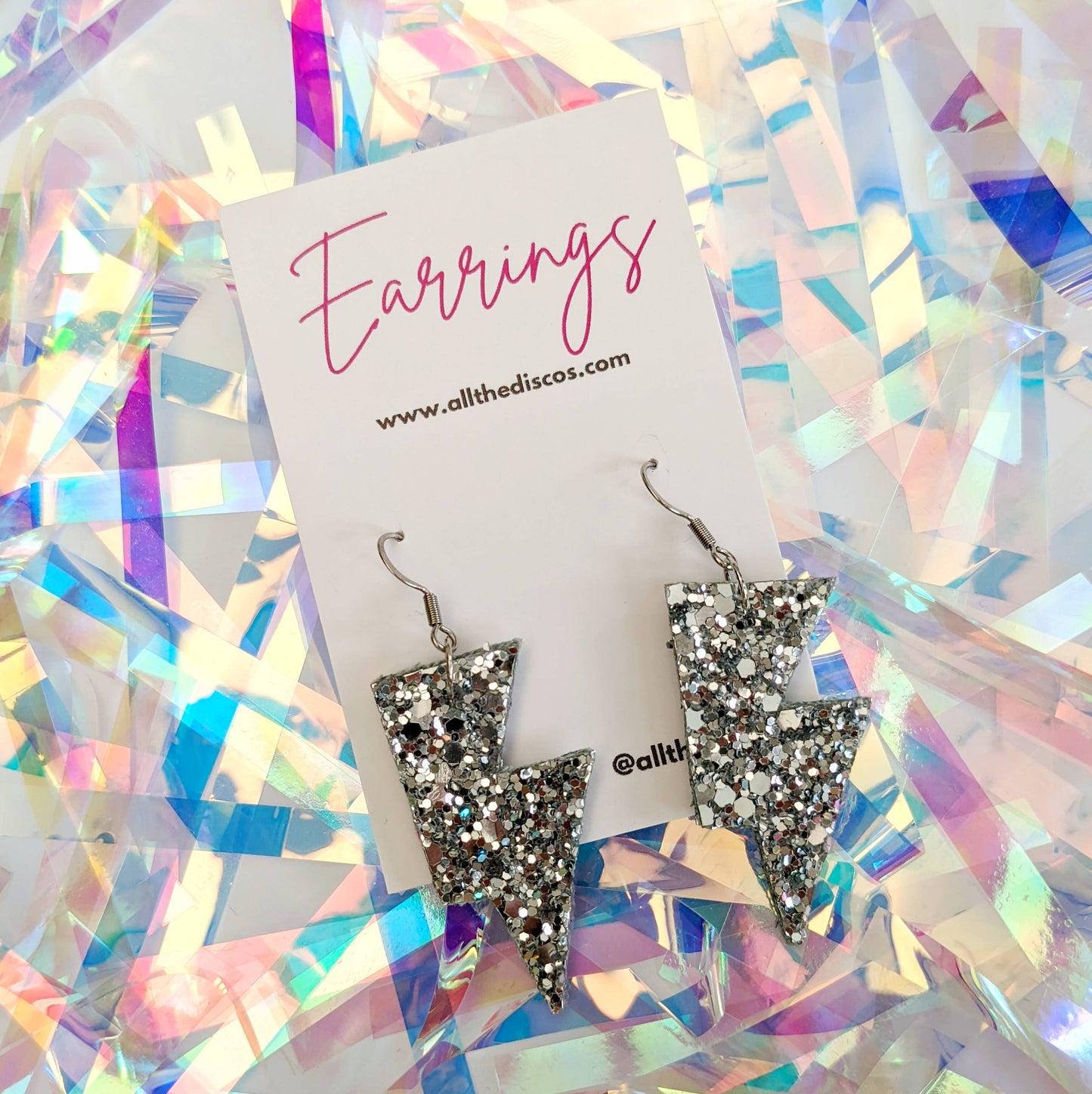 Small Disco Ball Silver Glitter Lightning Bolt Earrings