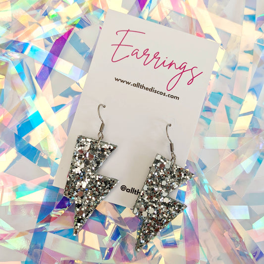 Small Disco Ball Silver Glitter Lightning Bolt Earrings