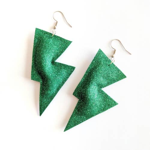 Medium Green Fine Glitter Lightning Bolt Dangle Earrings