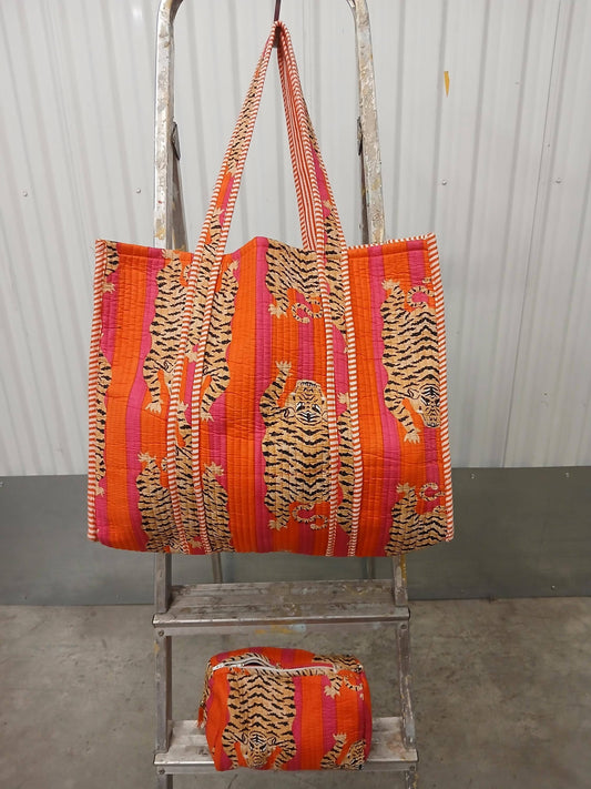 Cotton Quilted Tibetan Tiger Kantha Reversible Tote Bag