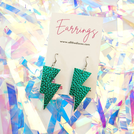 Small Teal Green Metallic Lightning Bolt Dangle Earrings