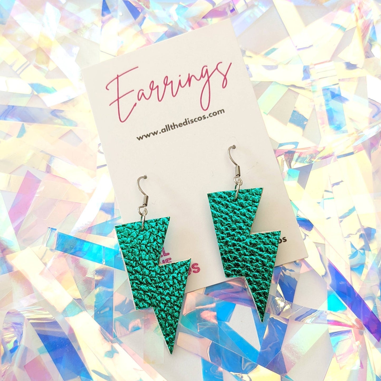 Small Teal Green Metallic Lightning Bolt Dangle Earrings