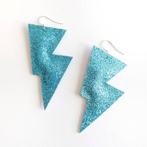 Medium Turquoise Fine Glitter Lightning Bolt Dangle Earrings