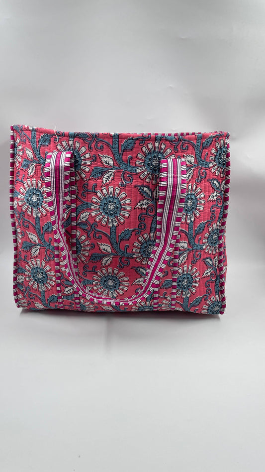 100% Cotton Kantha Quilted Boho Floral Reversible Tote Bag