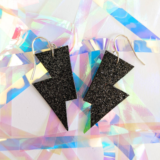Small Black Fine Glitter Lightning Bolt Earrings