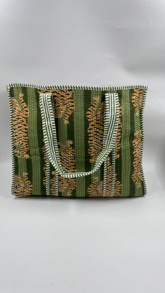 100% Quilted Cotton Tibetan Tiger Print Reversible Tote Bag