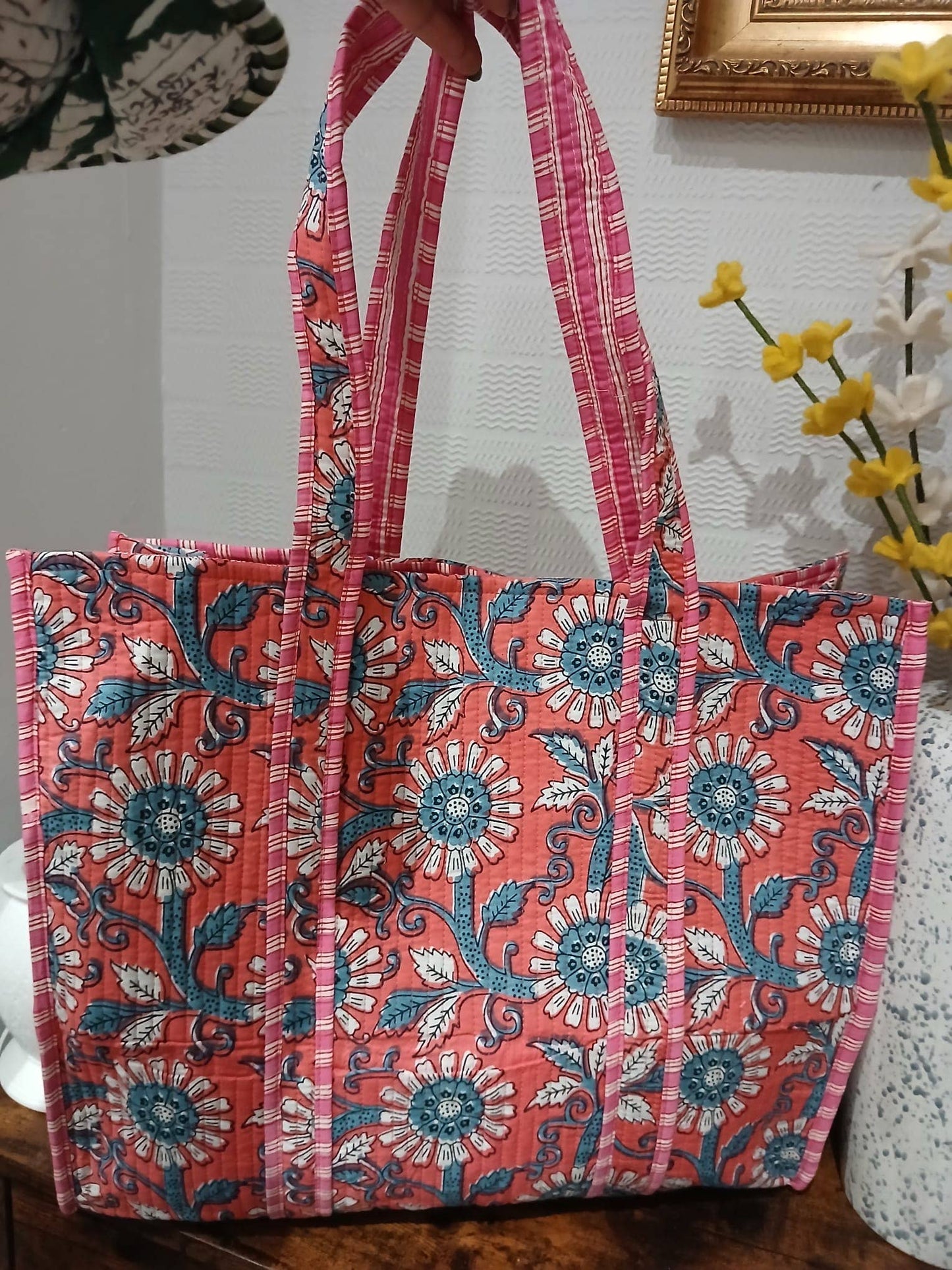 100% Cotton Kantha Quilted Boho Floral Reversible Tote Bag